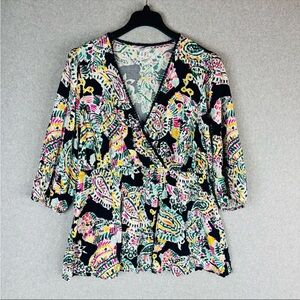 Crown & Ivy Womans Sz 2X Plus Blouse Top‎ Shirt Black Floral V Neck 3/4 Sleeve